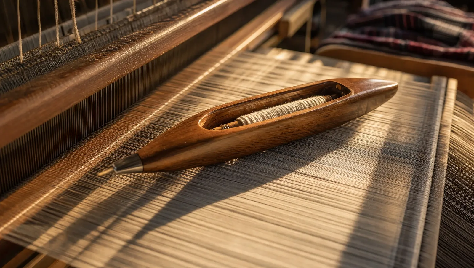 Wooden weaving shuttle resting on taut warp threads in warm light