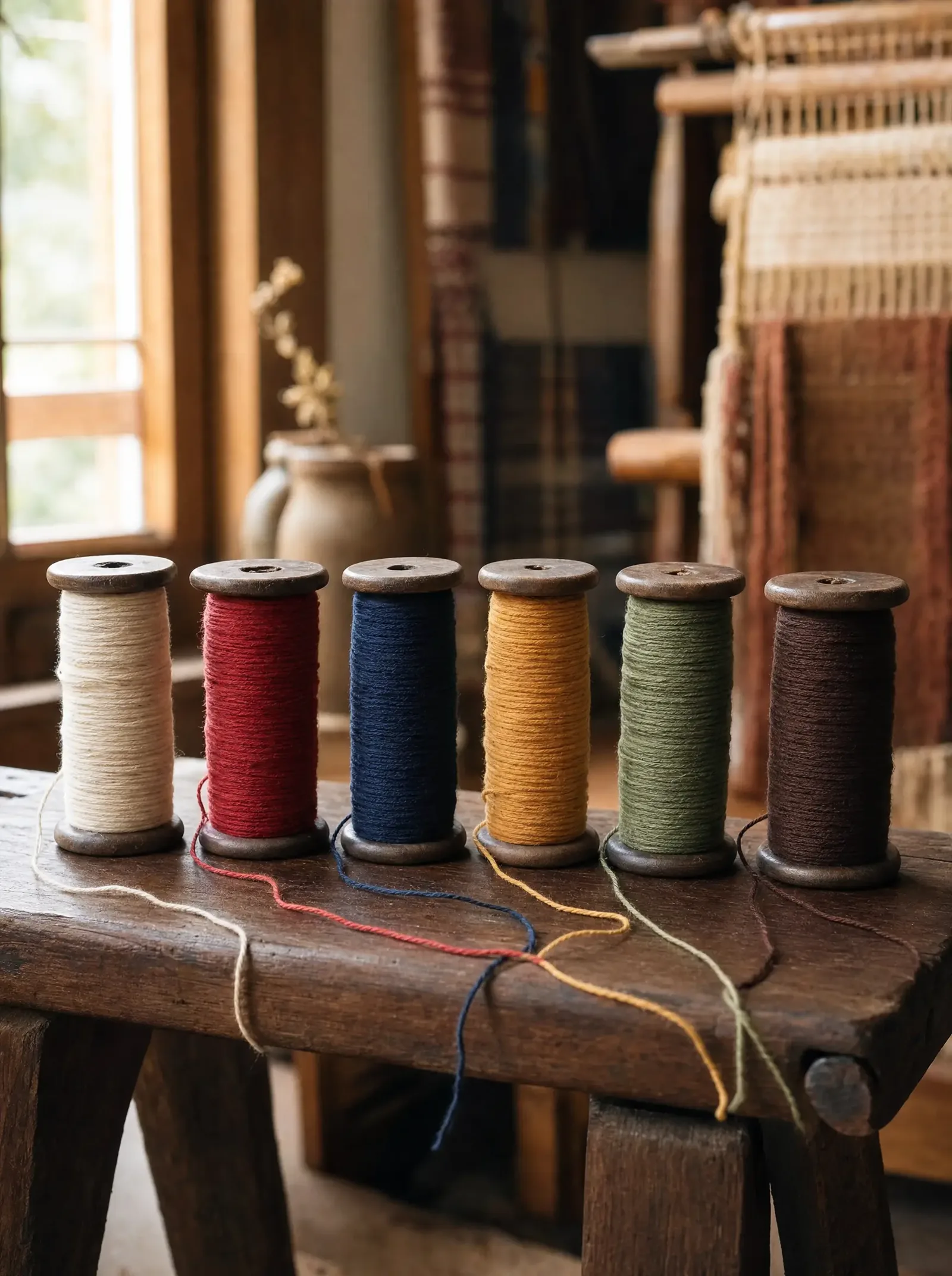Six wooden spools of colored thread on a walnut weaving bench