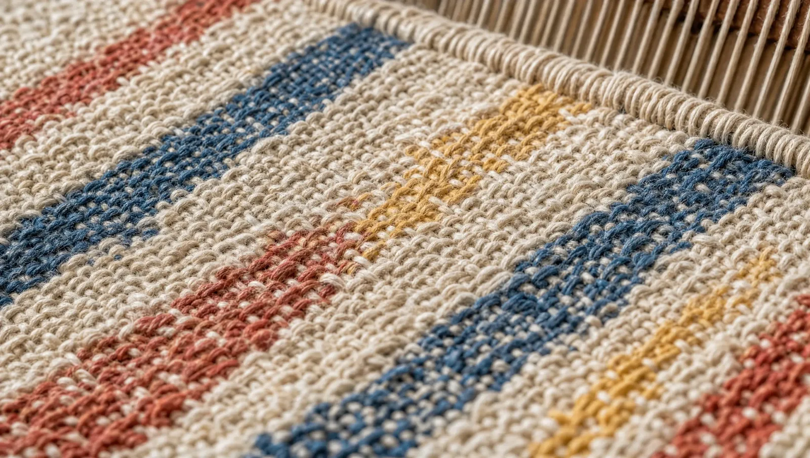 Macro of handwoven linen with stripes of madder red, indigo and marigold